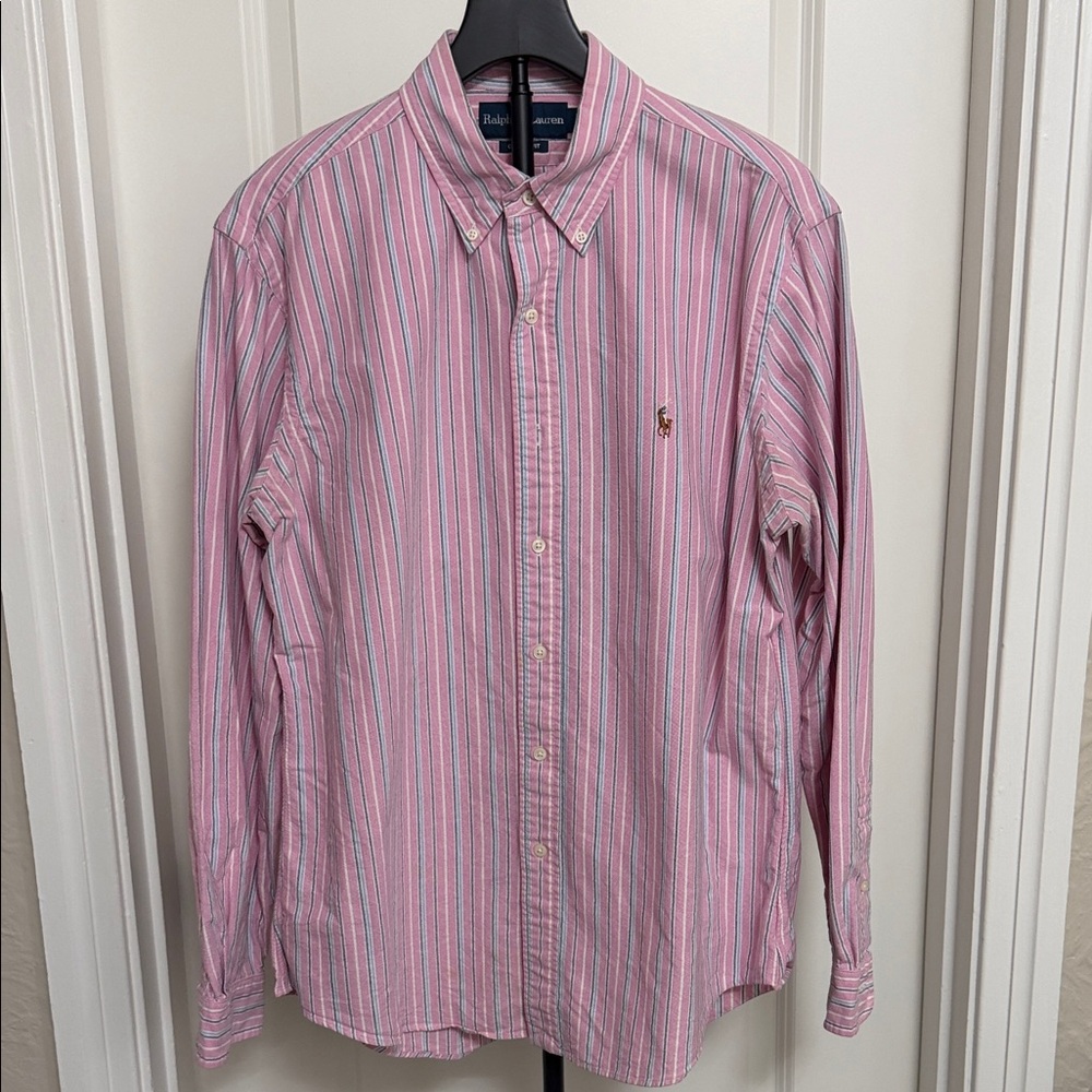 Ralph Lauren Men's Pink, Blue and White Striped Button Down Shirt